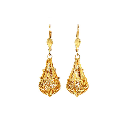 Intricate Filigree Mid-Century Drop Earrings in 14k Yellow Gold