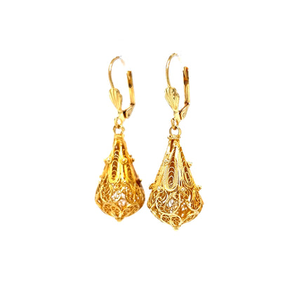 Intricate Filigree Mid-Century Drop Earrings in 14k Yellow Gold