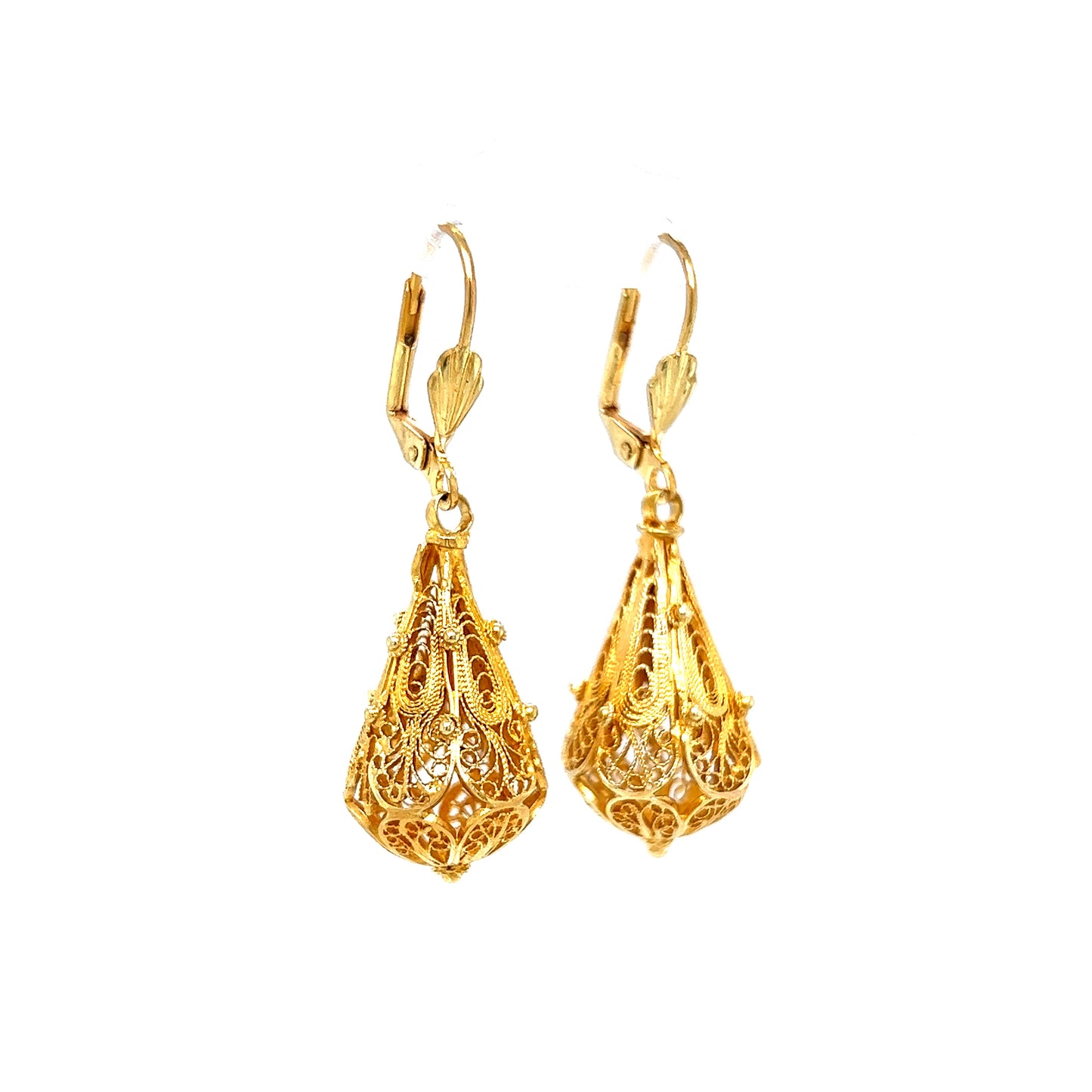 Intricate Filigree Mid-Century Drop Earrings in 14k Yellow Gold