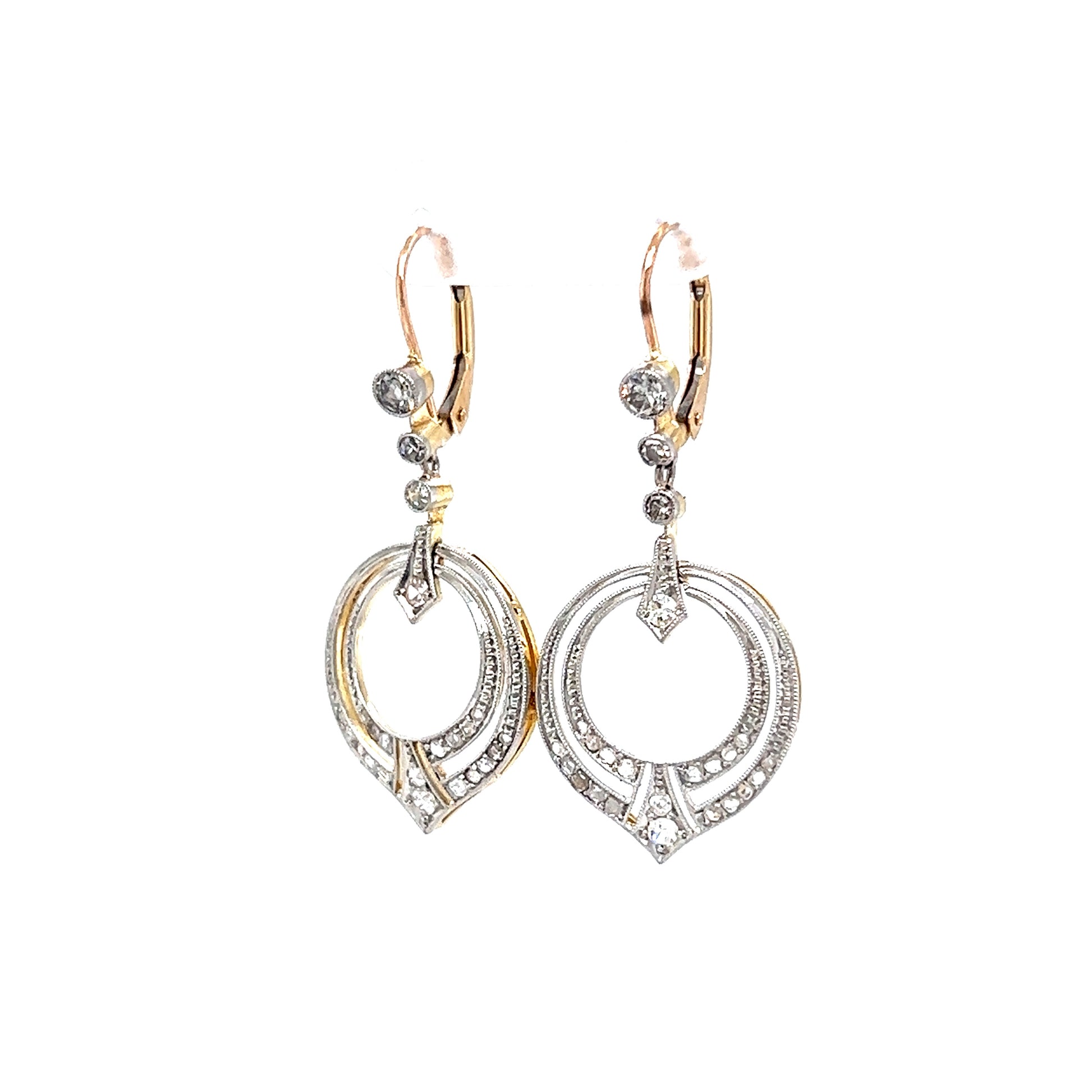 Art Deco Open-Work Natural Diamond Drop Earrings in 14k Gold