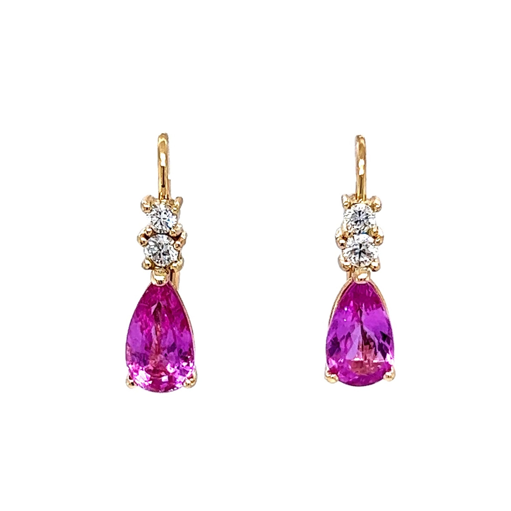 Pink Sapphire Diamond Drop Earrings in 14k Yellow Gold
