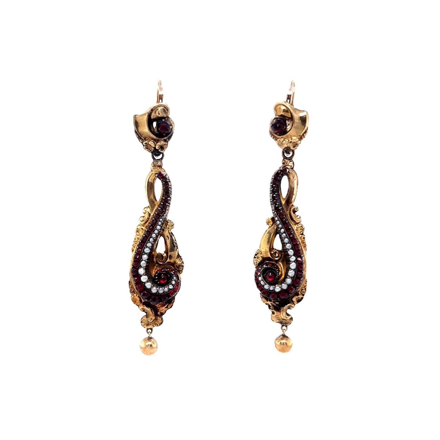 Victorian Dangle Earrings w/ Garnet & Pearl in Yellow Gold