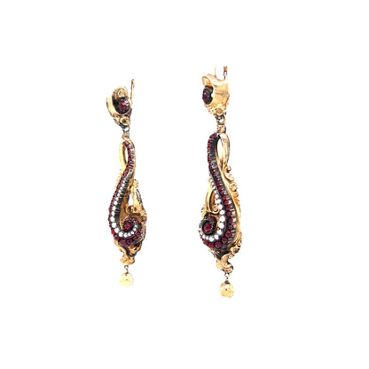 Victorian Dangle Earrings w/ Garnet & Pearl in Yellow Gold