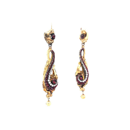 Victorian Dangle Earrings w/ Garnet & Pearl in Yellow Gold