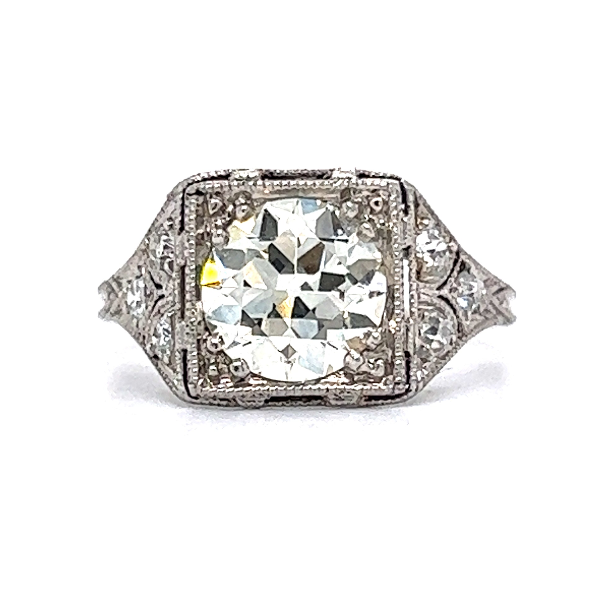 1.57 Antique Art Deco Diamond Engagement Ring in PlatinumComposition: PlatinumRing Size: 5.75Total Diamond Weight: 1.75 ctTotal Gram Weight: 3.5 g