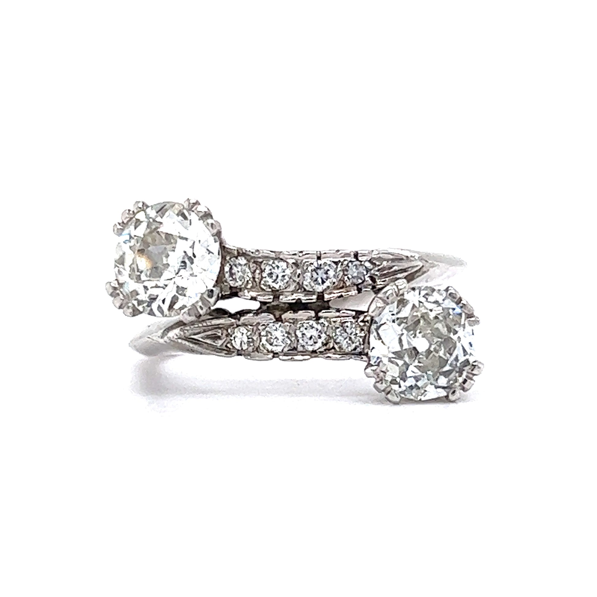 Mid-Century Two-Stone Diamond Engagement Ring in 14k White Gold