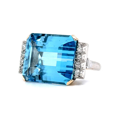 Art Deco Aquamarine Cocktail Ring w/ Diamonds in Platinum & 14k