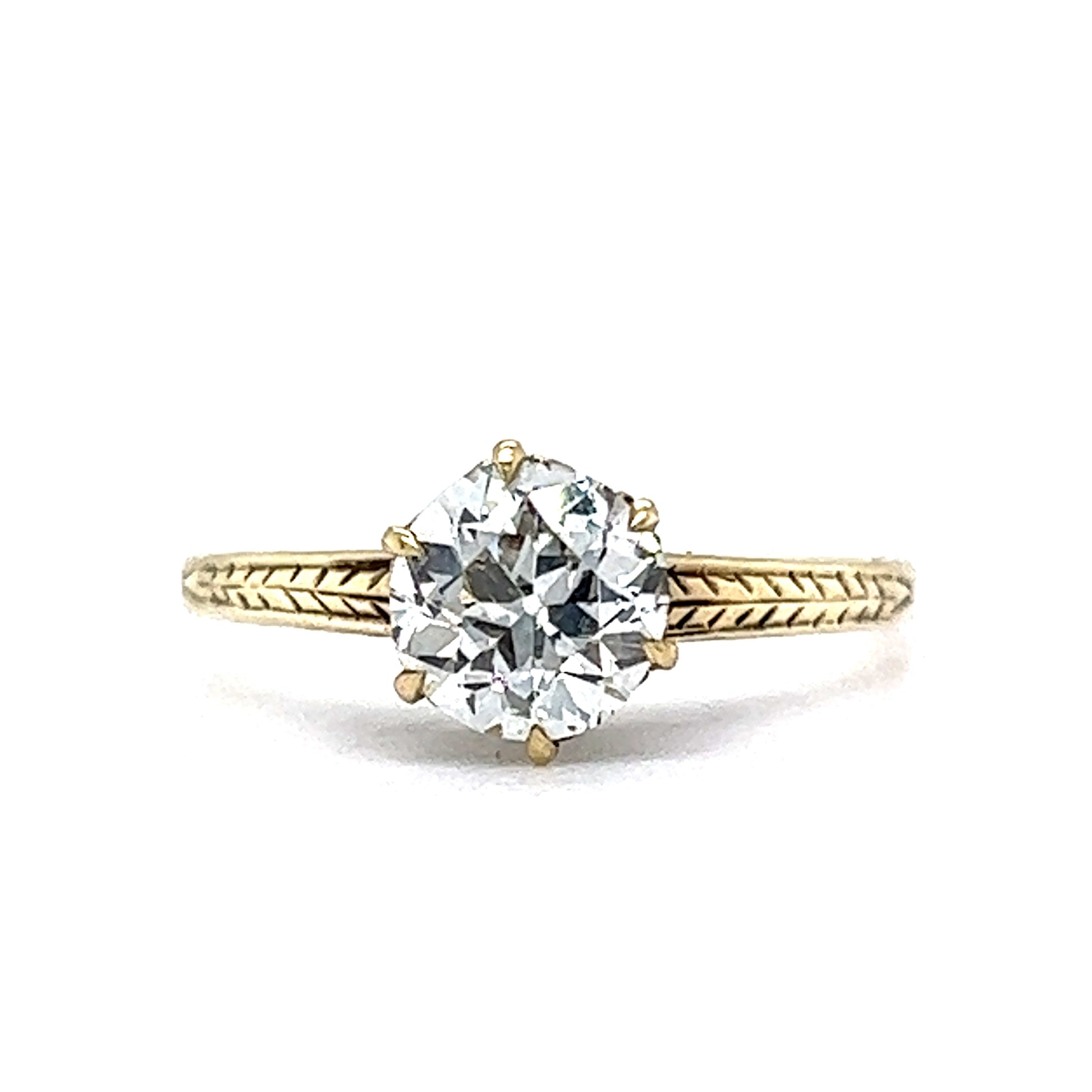 1.02 Victorian Diamond Engagement Ring in 14k Yellow GoldComposition: 14 Karat Yellow GoldRing Size: 6.5Total Diamond Weight: 1.02 ctTotal Gram Weight: 1.9 gInscription: 14K