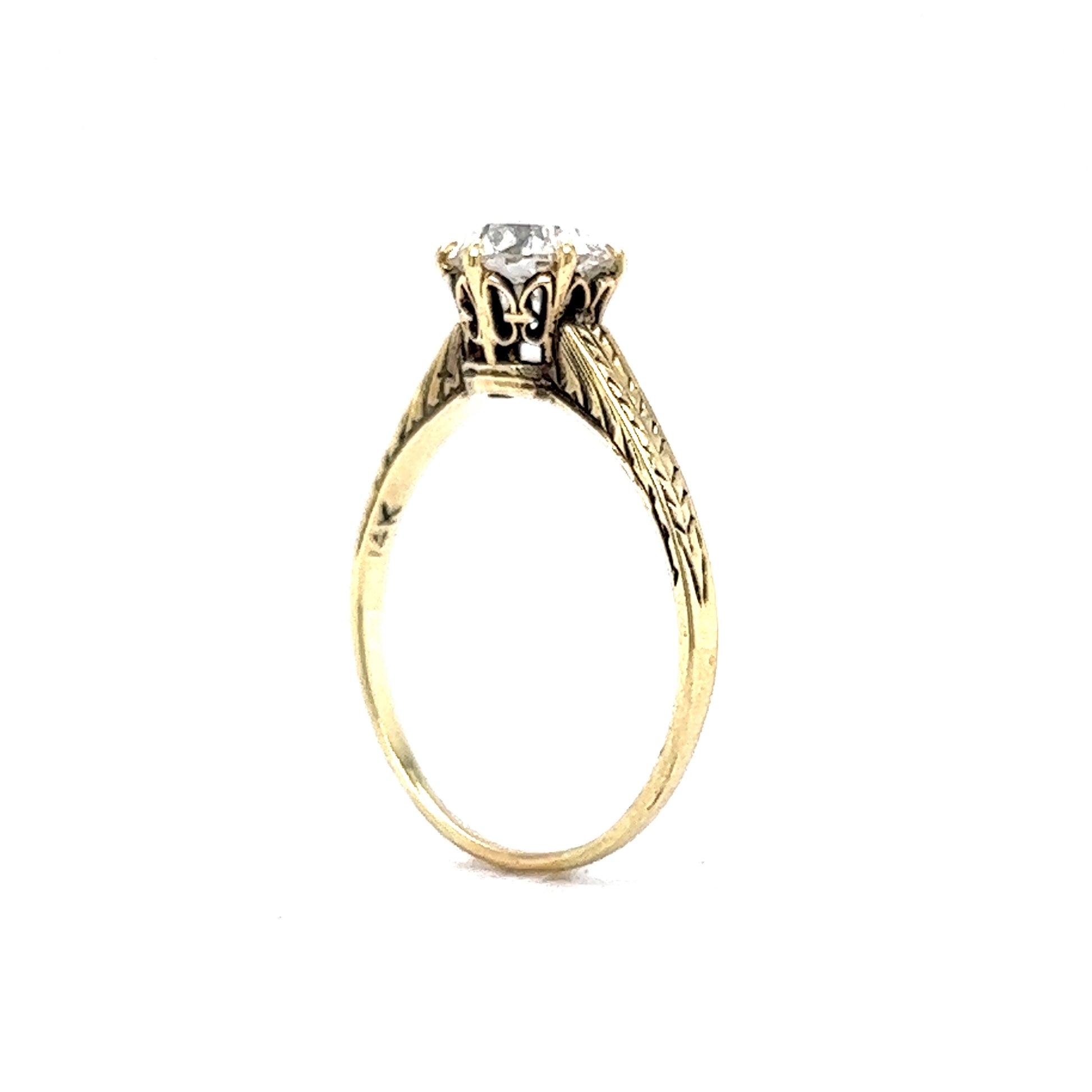 1.02 Victorian Diamond Engagement Ring in 14k Yellow GoldComposition: 14 Karat Yellow GoldRing Size: 6.5Total Diamond Weight: 1.02 ctTotal Gram Weight: 1.9 gInscription: 14K