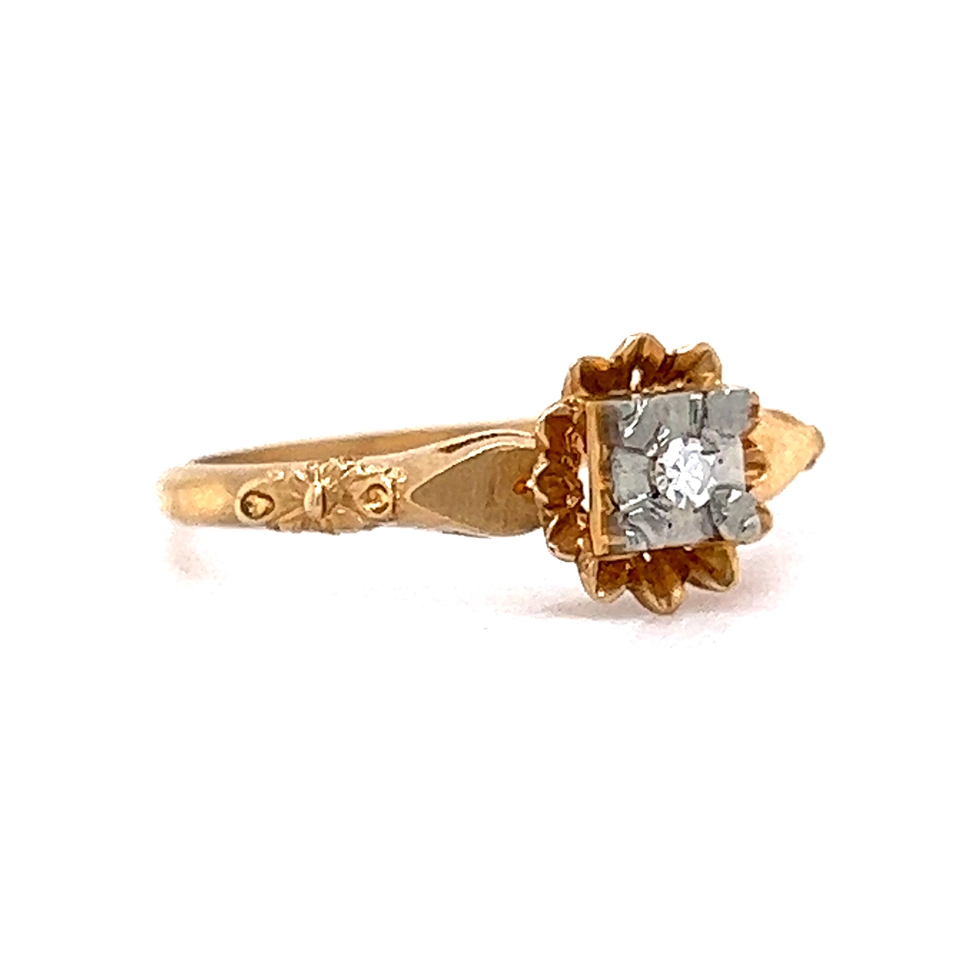 Delicate Retro Diamond Engagement Ring in 14k & 18k GoldComposition: 14 Karat Yellow Gold/18 Karat White GoldRing Size: 6.5Total Diamond Weight: .04 ctTotal Gram Weight: 1.7 gInscription: 14-18k