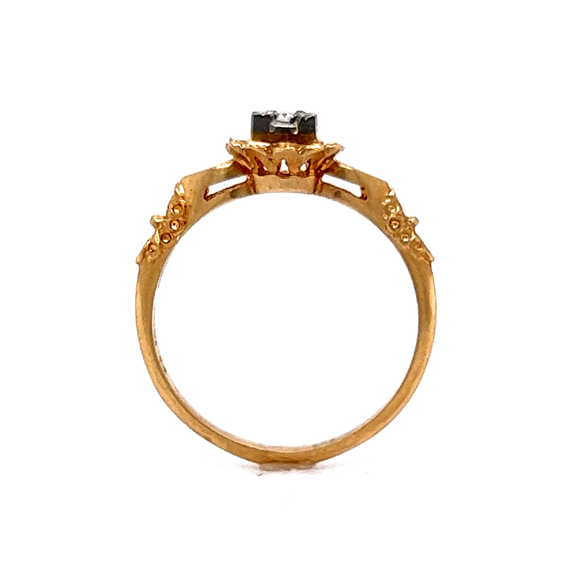 Delicate Retro Diamond Engagement Ring in 14k & 18k GoldComposition: 14 Karat Yellow Gold/18 Karat White GoldRing Size: 6.5Total Diamond Weight: .04 ctTotal Gram Weight: 1.7 gInscription: 14-18k