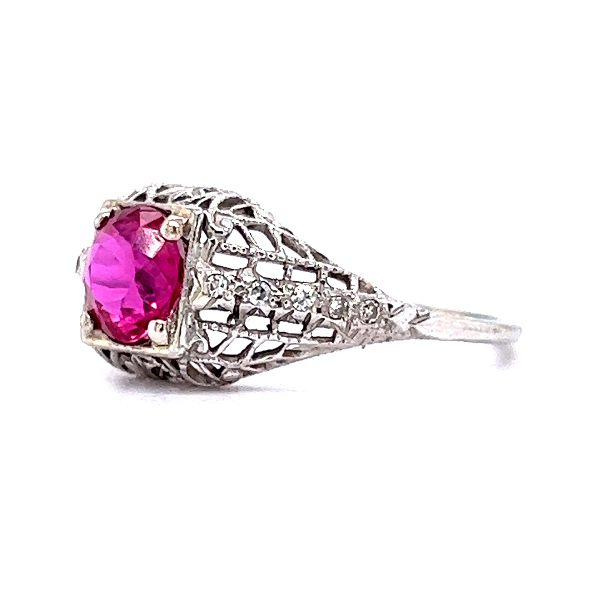 Vintage Sapphire Art Deco Engagement Ring Style - Art Deco 1/2 Carat Princess Cut Pink Sapphire and Diamond Engagement Ring in 18 Karat White Gold
