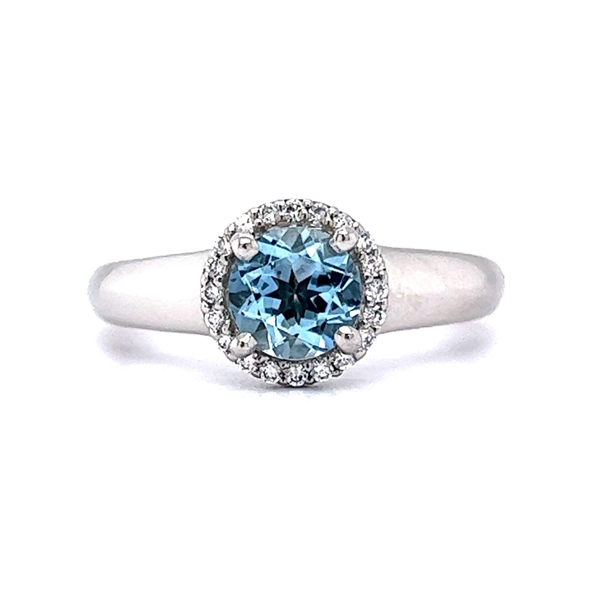 .75 Aquamarine & Diamond Halo Engagement Ring in PlatinumComposition: PlatinumRing Size: 6.5Total Diamond Weight: .20 ctTotal Gram Weight: 8.0 gInscription: RITANI PT900