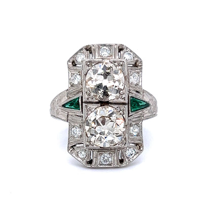 Antique Double Diamond & Emerald Cocktail Ring in Platinum