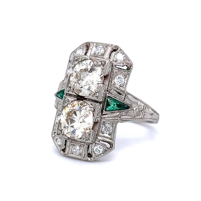 Antique Double Diamond & Emerald Cocktail Ring in Platinum