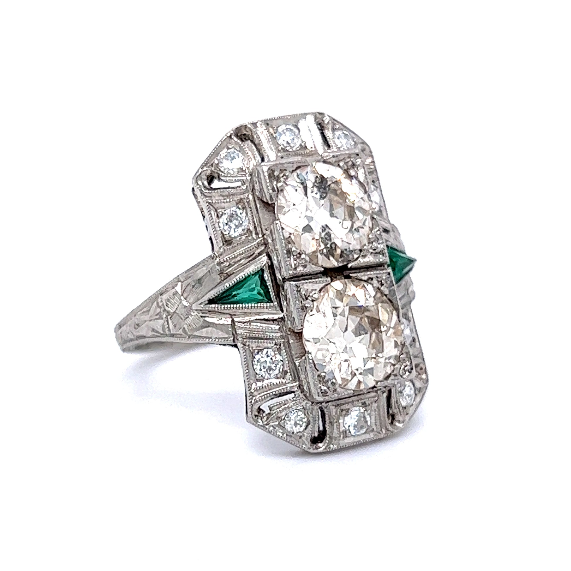 Antique Double Diamond & Emerald Cocktail Ring in Platinum