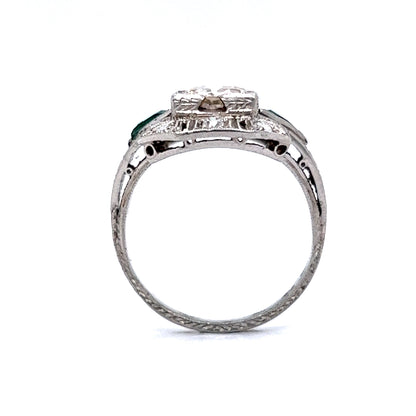 Antique Double Diamond & Emerald Cocktail Ring in Platinum