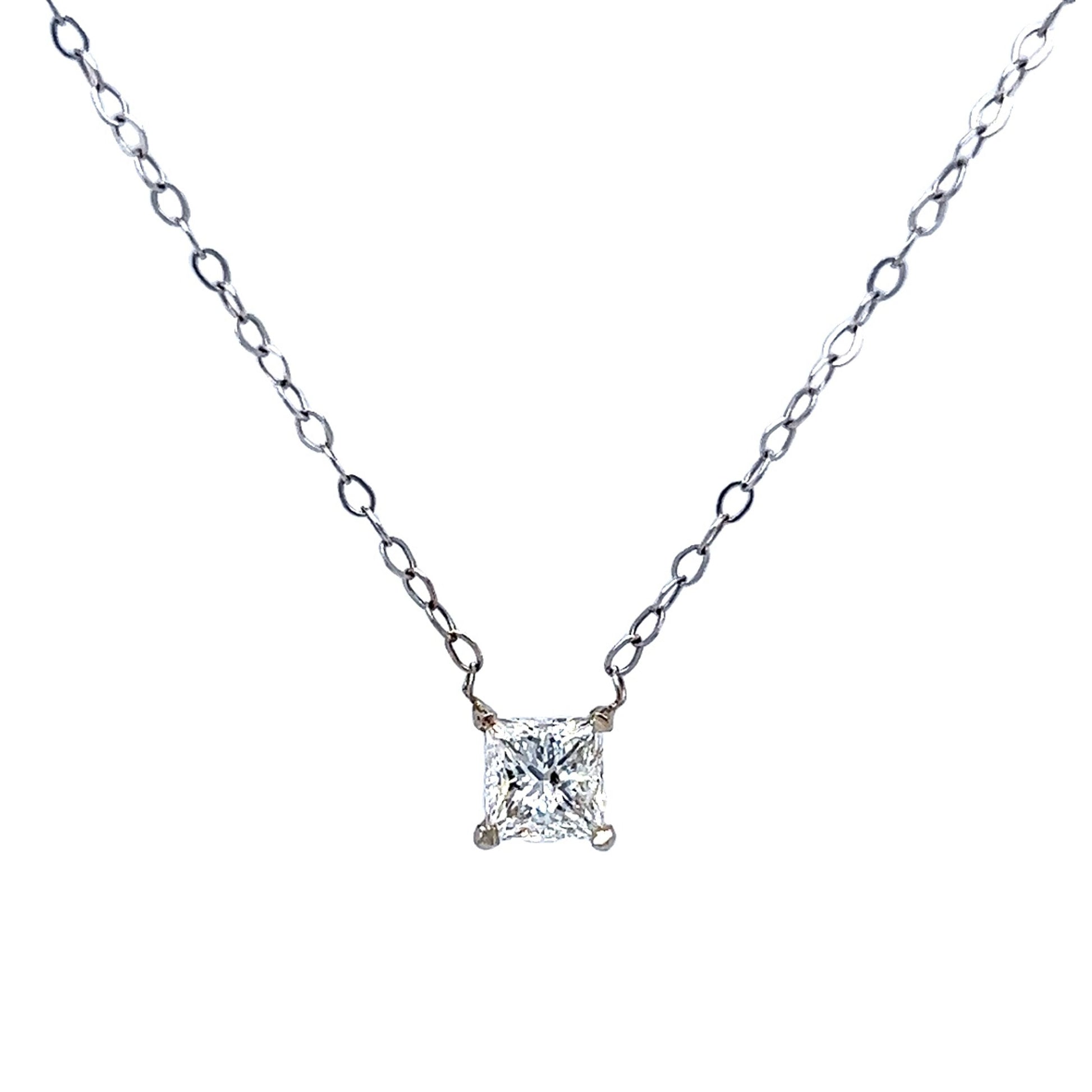 .61 Princess Cut Diamond Necklace in 14k White GoldComposition: 14 Karat White GoldTotal Diamond Weight: .61 ctTotal Gram Weight: 1.5 gInscription: 14k
