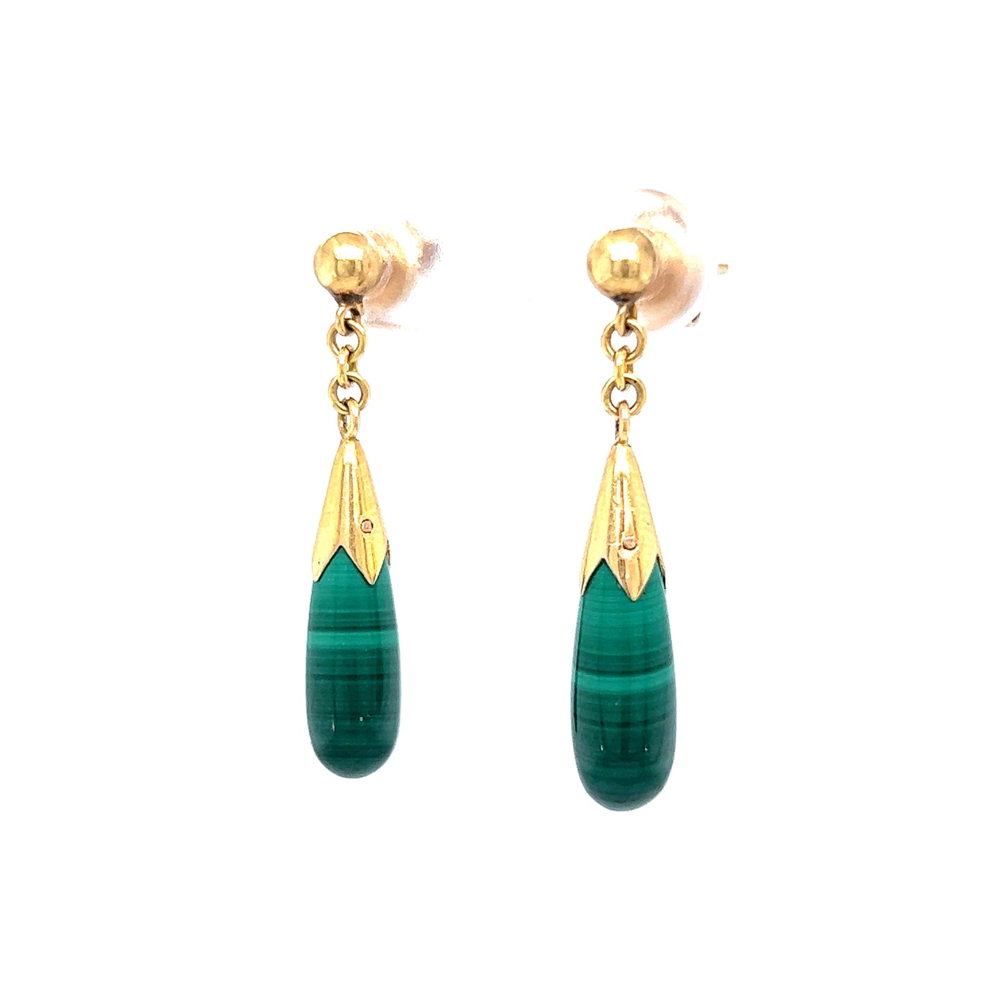 Mid-Century Malachite Drop Earrings 14k Yellow Gold