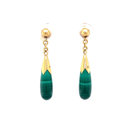 Mid-Century Malachite Drop Earrings 14k Yellow Gold