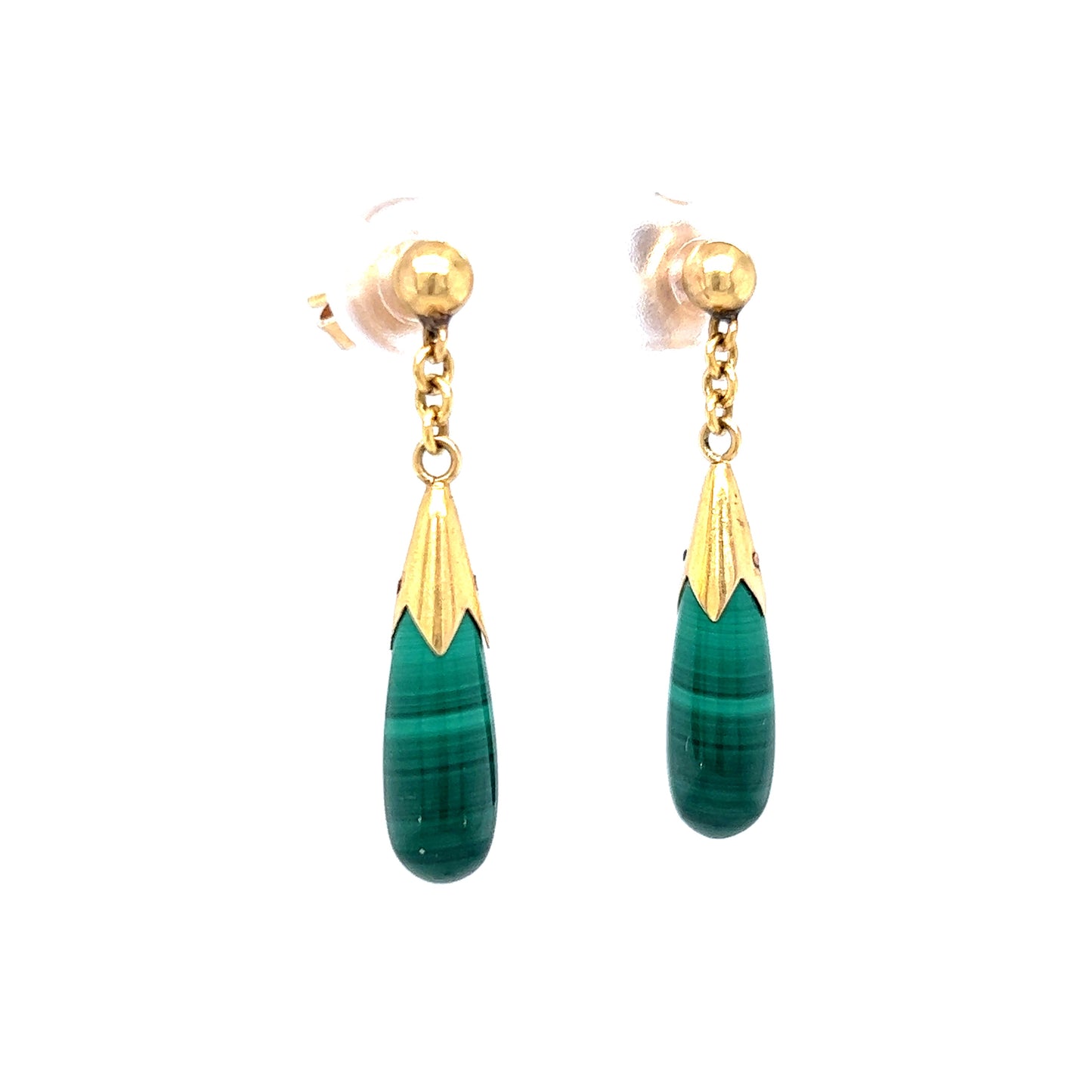 Mid-Century Malachite Drop Earrings 14k Yellow Gold