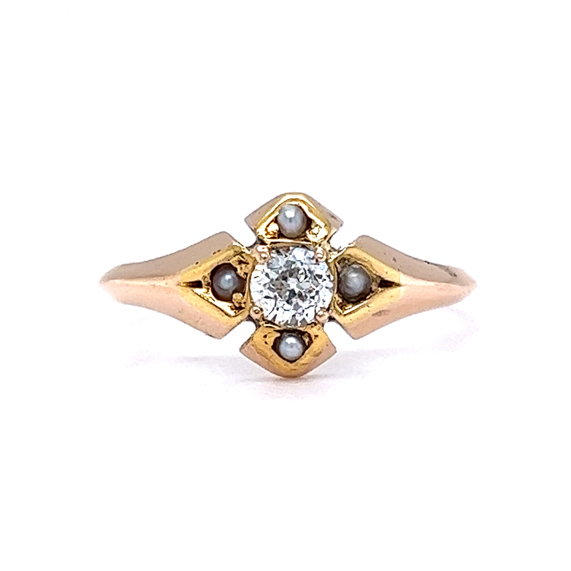 Victorian Diamond & Seed Pearl Ring in 14k Yellow GoldComposition: 14 Karat Yellow Gold Ring Size: 6.25 Total Diamond Weight: .20ct Total Gram Weight: 1.9 g Inscription: 99
      