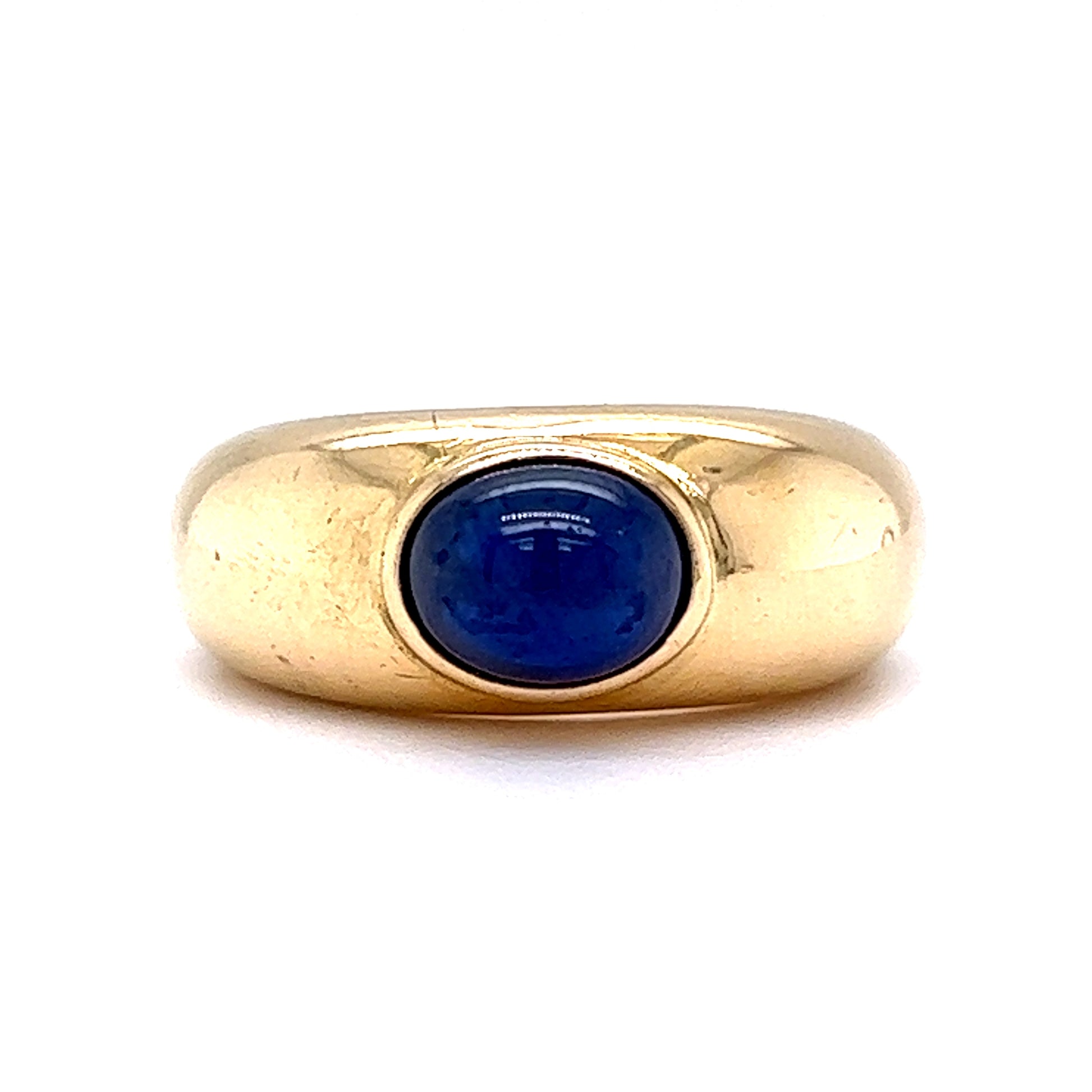 Mid-Century Sapphire Cabochon Ring in 18K Yellow GoldComposition: 18 Karat Yellow Gold Ring Size: 5.75 Total Gram Weight: 7.3 g