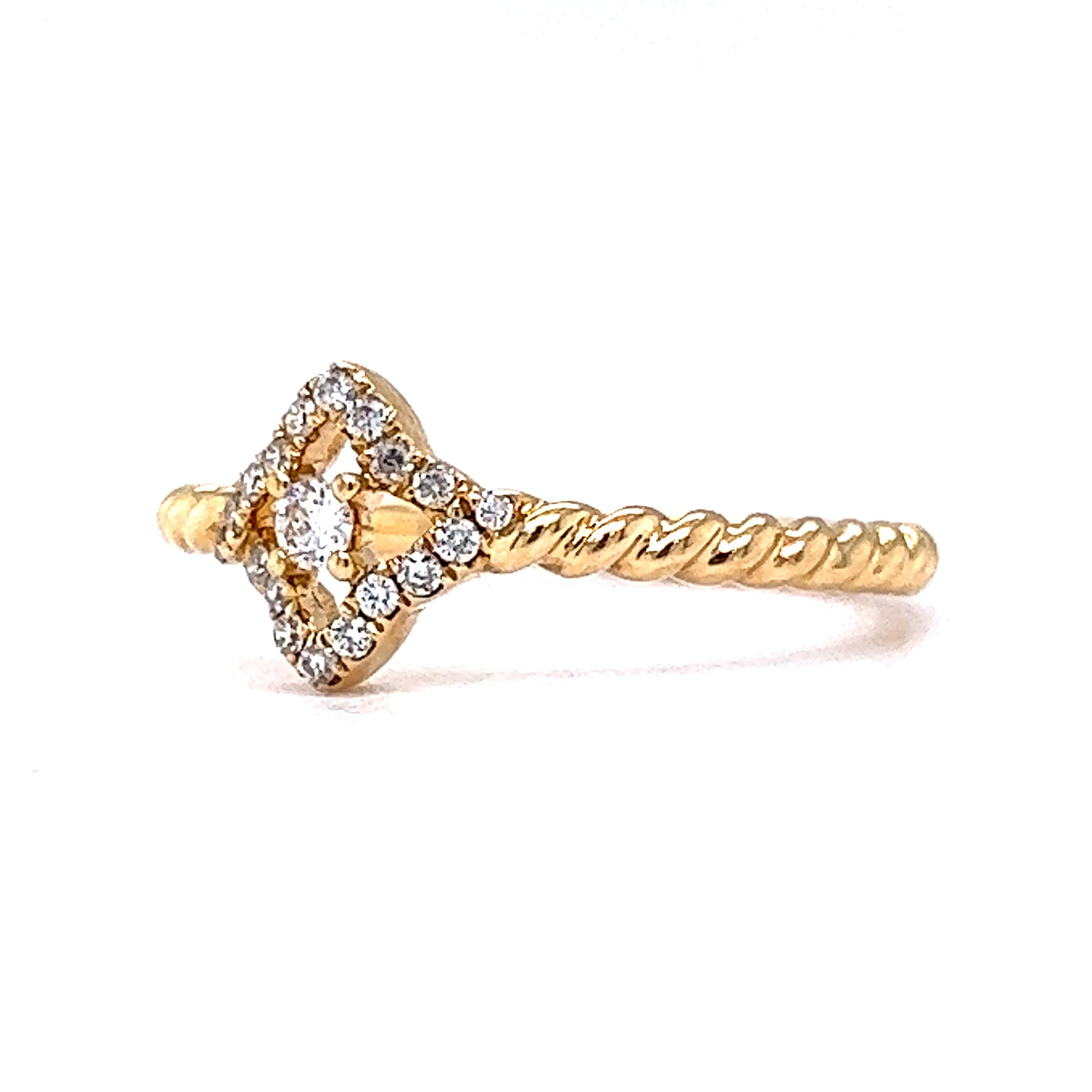 Twisted Band Pave Diamond Stacking Ring in 18k Yellow GoldComposition: 18 Karat Yellow GoldRing Size: 7Total Diamond Weight: .15 ctTotal Gram Weight: 2.6 gInscription: 18k 750 D0.153