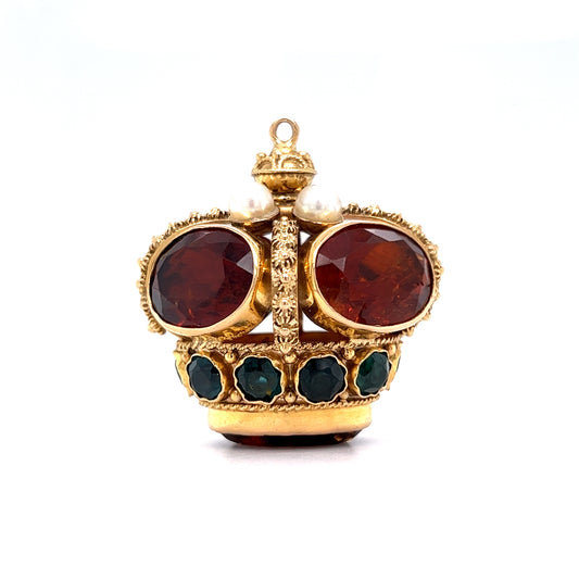 Mid-Century Bejeweled Crown Pendant in 18k Yellow Gold