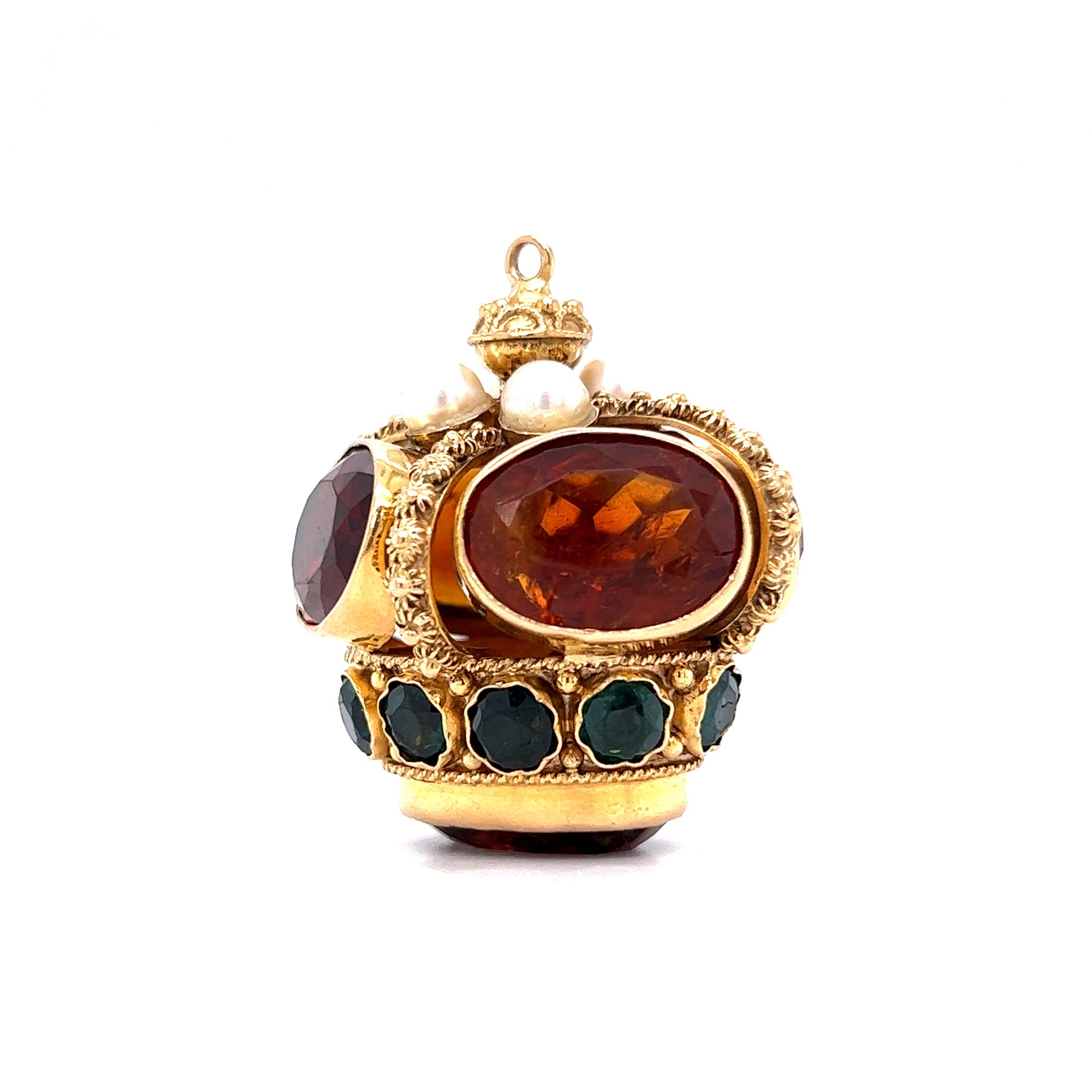 Mid-Century Bejeweled Crown Pendant in 18k Yellow GoldComposition: 18 Karat Yellow Gold Total Gram Weight: 35.5 g
