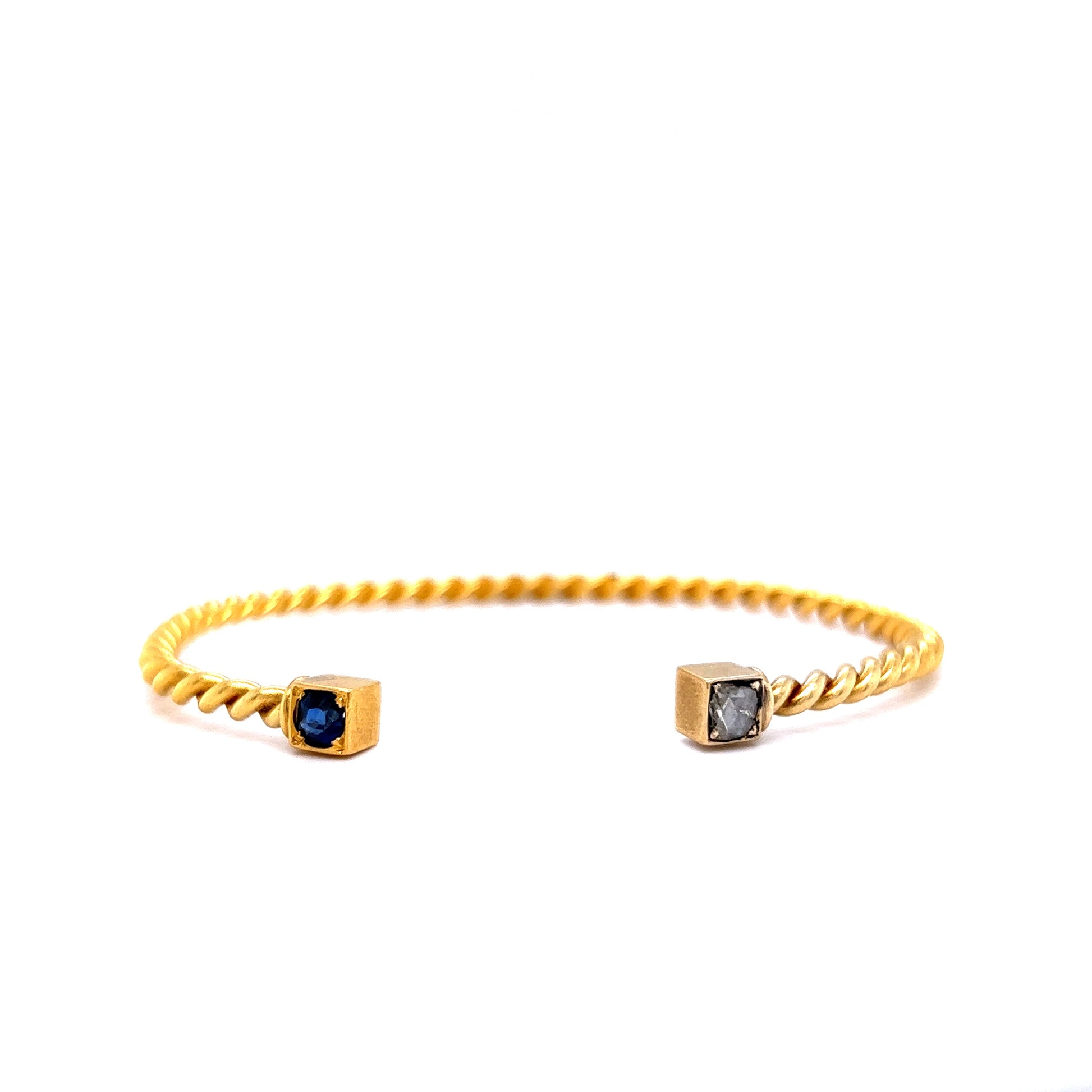 Victorian Diamond & Sapphire Twist Bangle Bracelet in 18k Yellow GoldComposition: 18 Karat Yellow GoldTotal Diamond Weight: .14 ctTotal Gram Weight: 14.9 g