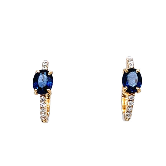 Oval Sapphire & Diamond Hoop Earrings in 14k Yellow Gold