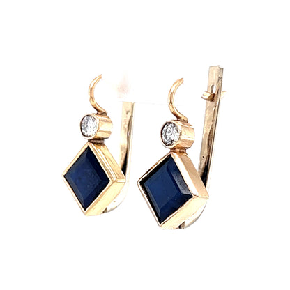 Square Cut Sapphire & Diamond Earrings in 14k Yellow Gold