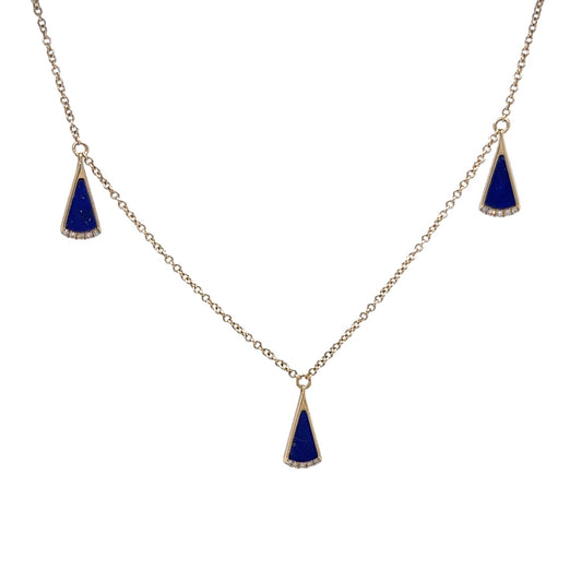 Triangle Cut Lapis Lazuli & Diamond Necklace in 14k Yellow Gold