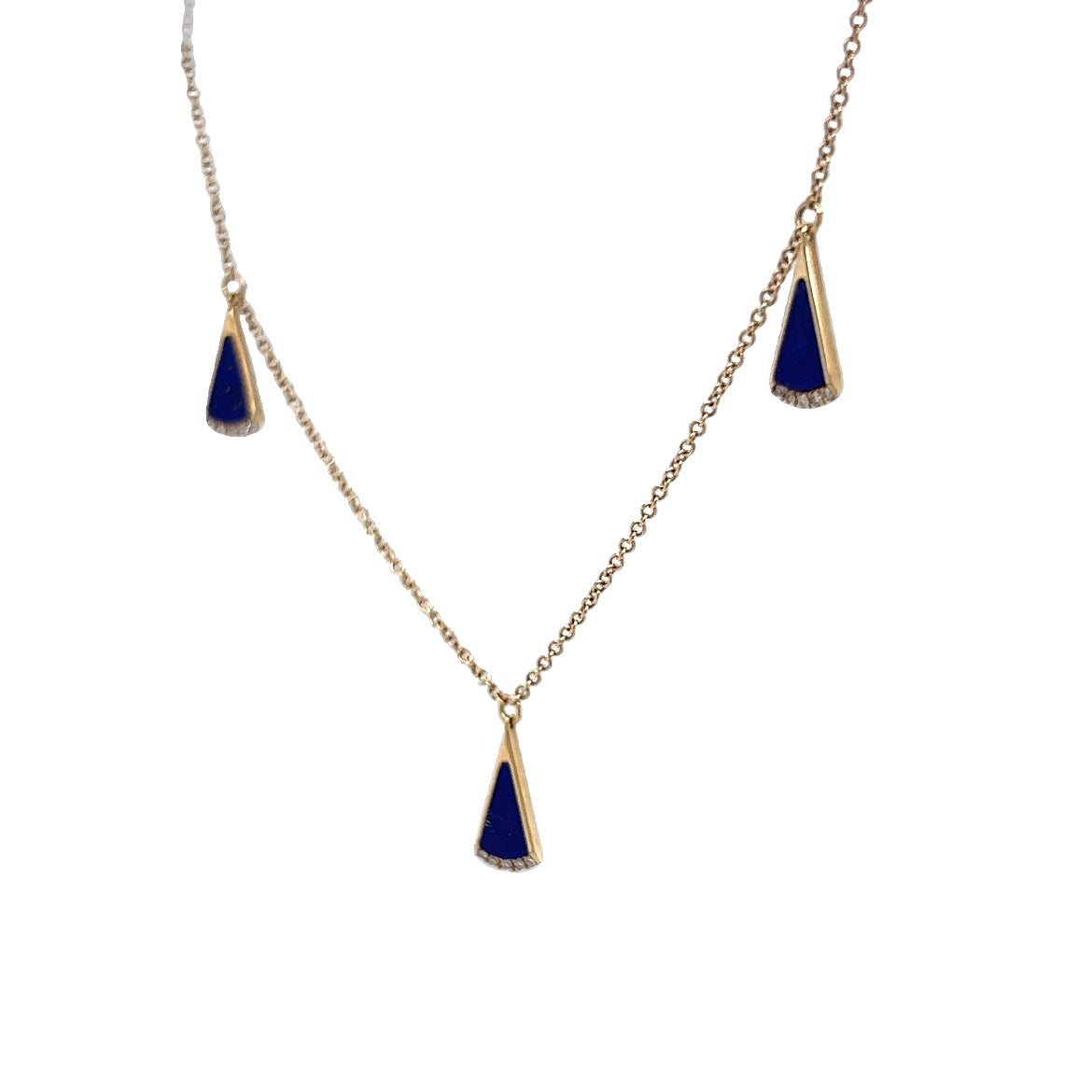 Triangle Cut Lapis Lazuli & Diamond Necklace in 14k Yellow Gold