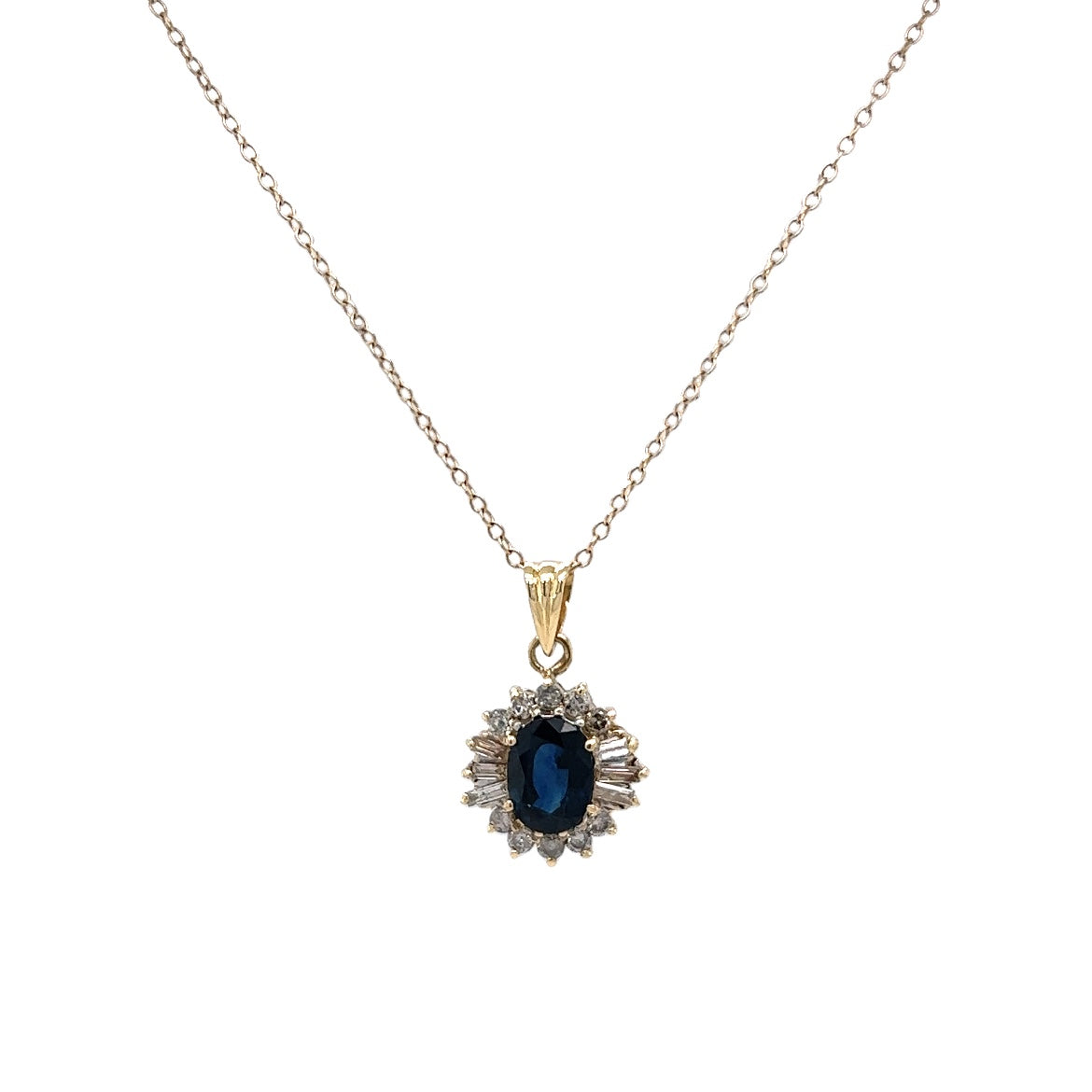 Oval Sapphire & Diamond Ballerina Halo Necklace in 14k Yellow Gold