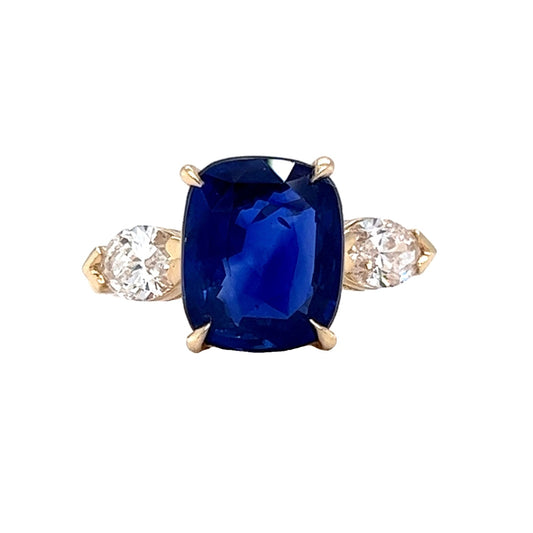 4.46 Blue Sapphire Cushion Three Stone Ring in 14k Yellow Gold