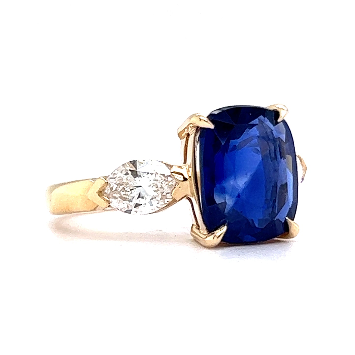 4.46 Blue Sapphire Cushion Three Stone Ring in 14k Yellow Gold