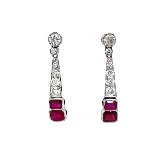 Emerald Cut Ruby & Diamond Dangle Drop Earrings in 14k Gold