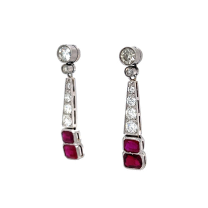 Emerald Cut Ruby & Diamond Dangle Drop Earrings in 14k Gold