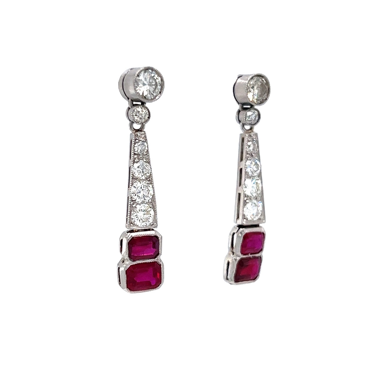 Emerald Cut Ruby & Diamond Dangle Drop Earrings in 14k Gold