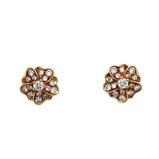 Diamond Flower Earring Studs in 18k Yellow Gold