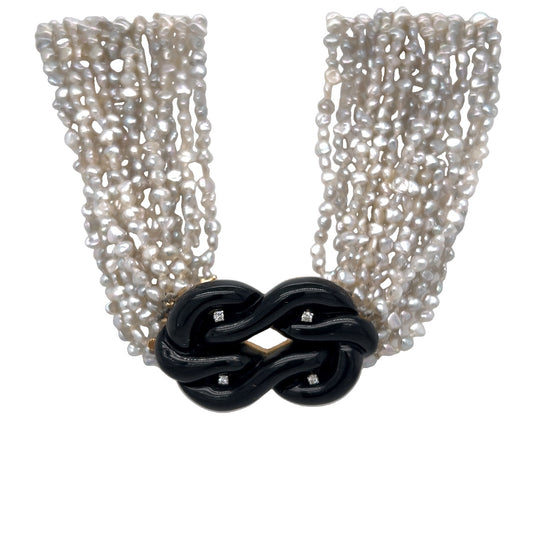 Multi Strand Pearl Necklace w/ Onyx & Diamonds in 14k