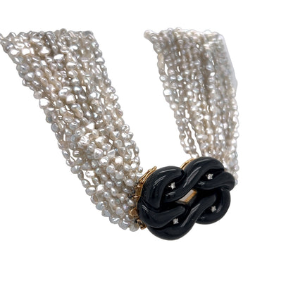 Multi Strand Pearl Necklace w/ Onyx & Diamonds in 14k