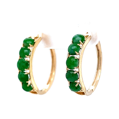 Green Jade Cabochon Hoop Earrings in 14k Yellow Gold