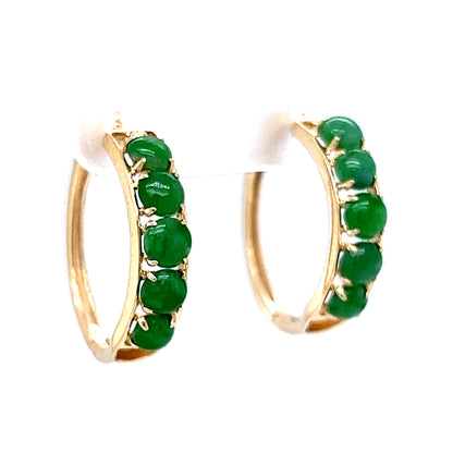 Green Jade Cabochon Hoop Earrings in 14k Yellow Gold