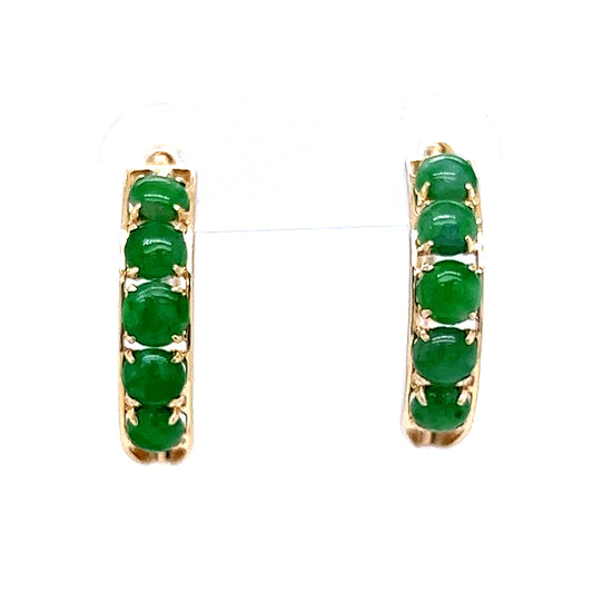 Green Jade Cabochon Hoop Earrings in 14k Yellow Gold