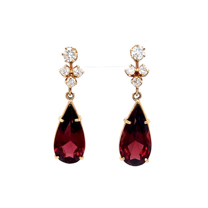 9.56 Pear Cut Garnet & Diamond Drop Earrings in 14k Yellow Gold