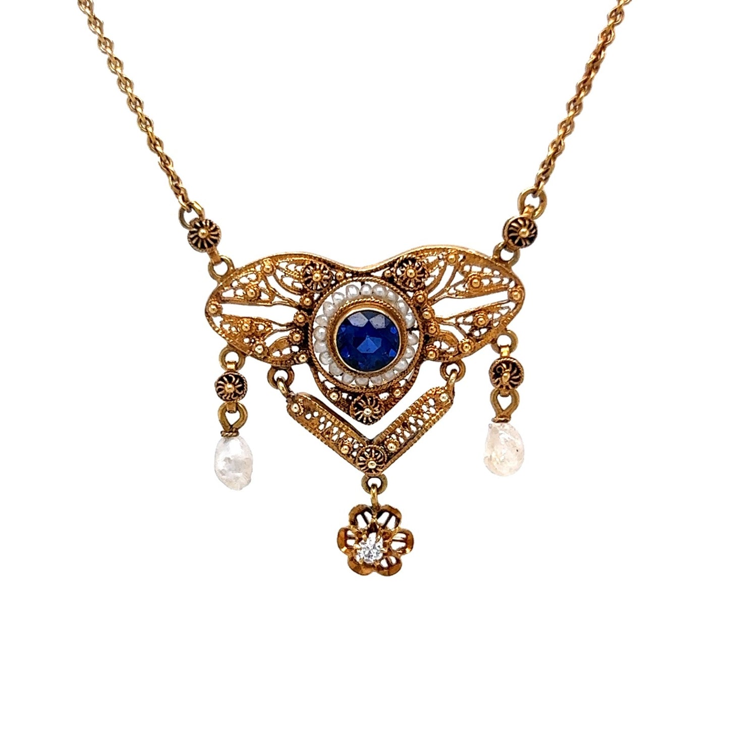 .54 Antique Victorian Sapphire Pendant with Diamond & Pearls