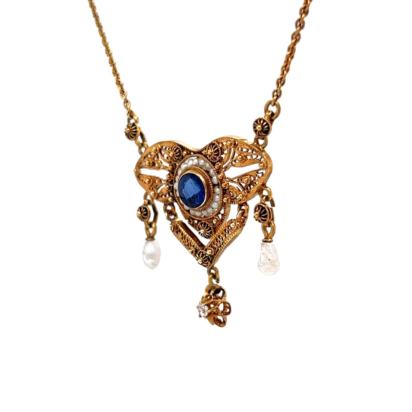 .54 Antique Victorian Sapphire Pendant with Diamond & Pearls